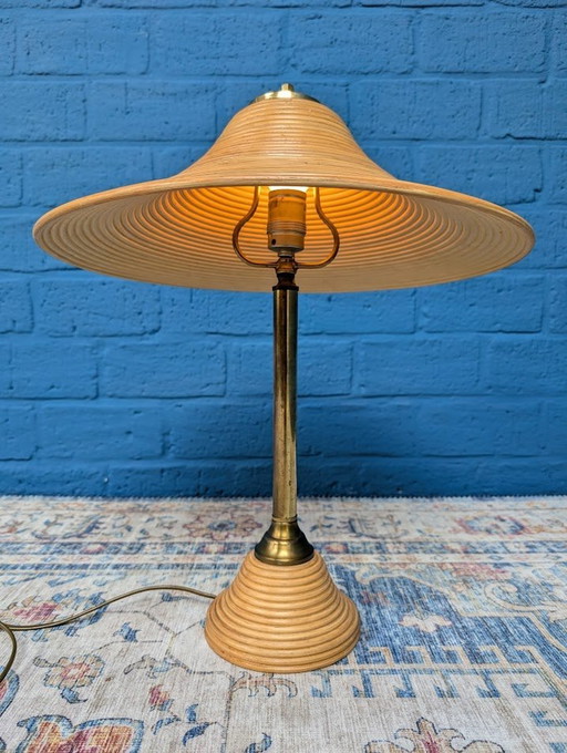 Vintage Rotan Koperen Tafellamp Schemerlamp