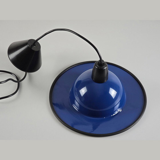 Image 1 of Mid Century Modern - Vintage Navy-Blauwe Metalen Hanglamp - Space Age Lighting - Italië, 1970S.