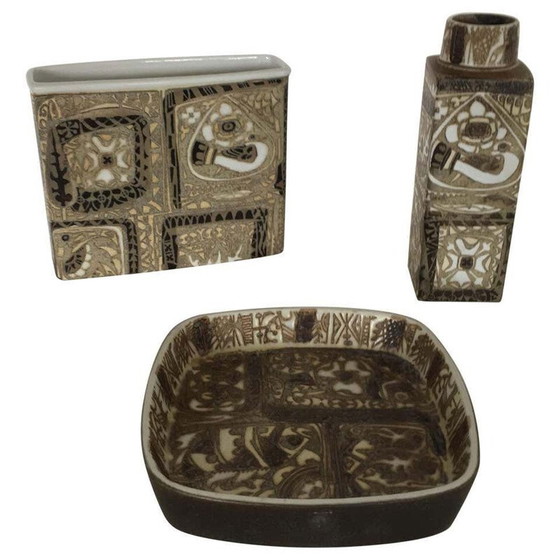 Image 1 of Vintage Baca aardewerk vazen en schaal door Nils Thorsson voor Royal Copenhagen, Denemarken 1960