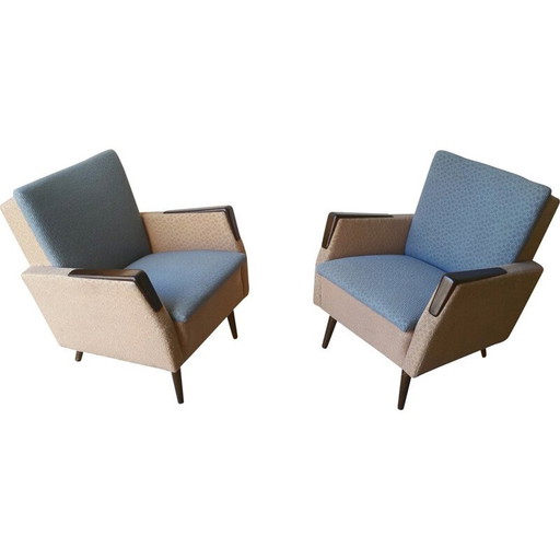 Paar Mid Century fauteuils in hout en stof - 1950