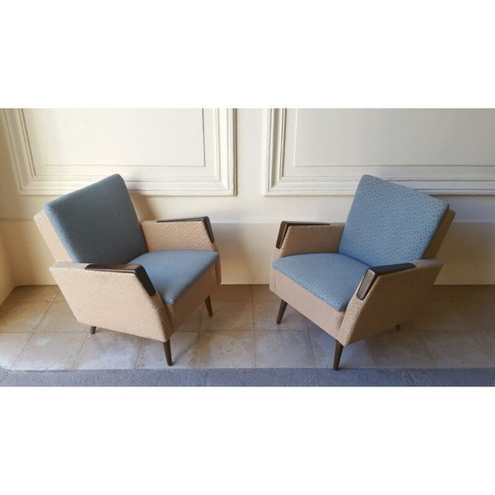 Image 1 of Paar Mid Century fauteuils in hout en stof - 1950