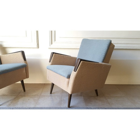 Image 1 of Paar Mid Century fauteuils in hout en stof - 1950
