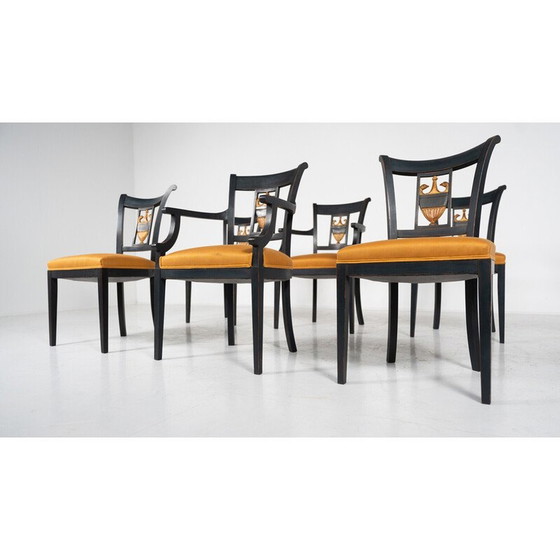 Image 1 of Set van 6 vintage zwarte en gouden stoelen