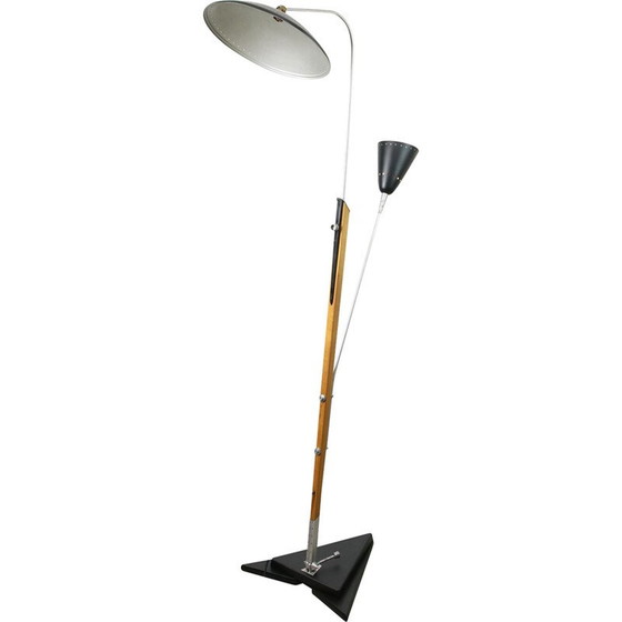 Image 1 of Vintage aluminium en houten vloerlamp met reflector, Italië