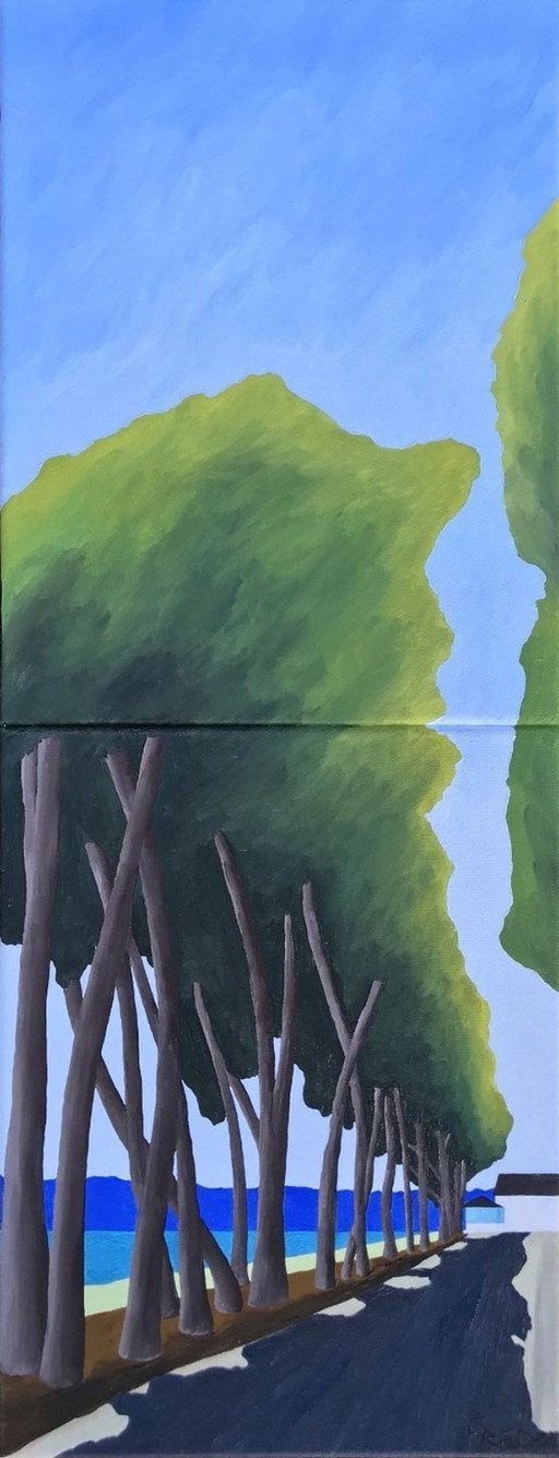 Olieverf op twee canvas frames gemonteerd in een tweeluik