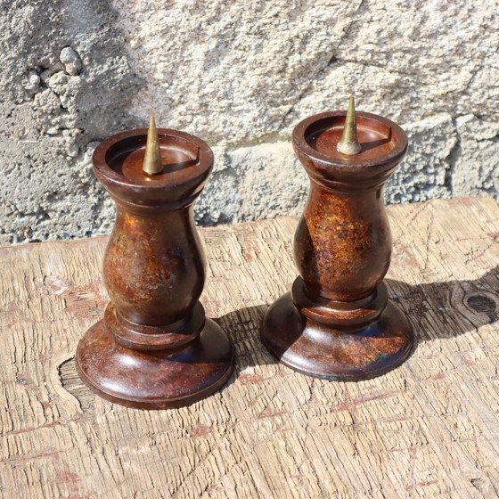 Image 1 of Franse vintage set van 2 kandelaars - Gietijzeren kandelaars - Art Deco stijl - 60S