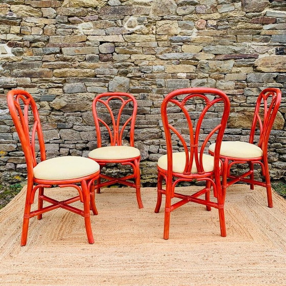 Image 1 of Set van 4 vintage rode rotan stoelen