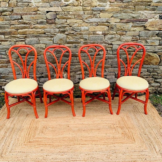 Image 1 of Set van 4 vintage rode rotan stoelen