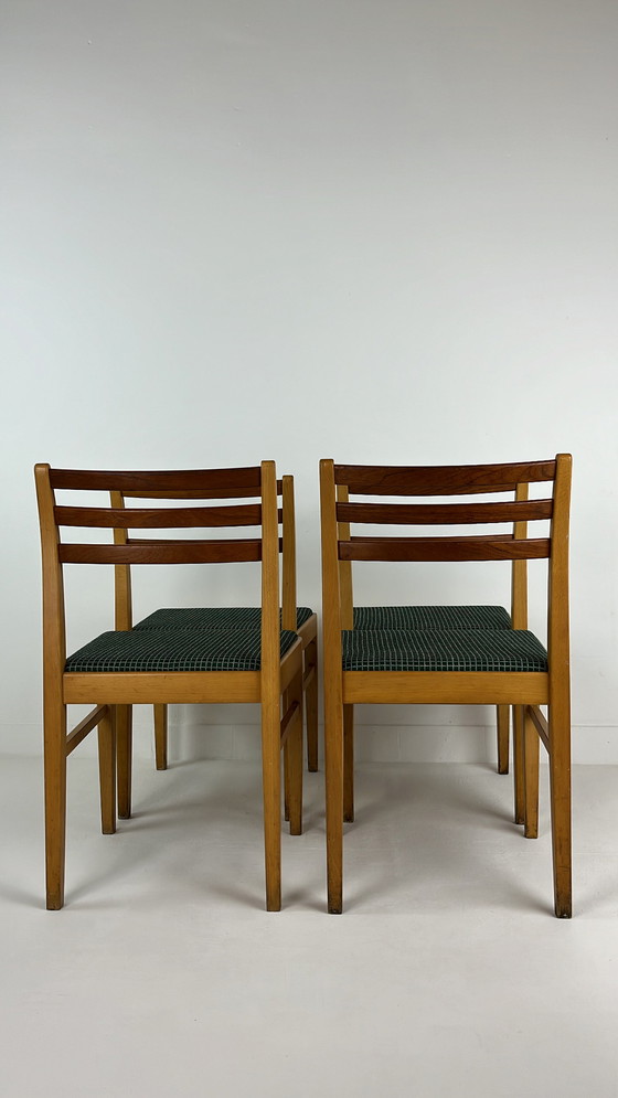 Image 1 of 4x Zweedse vintage houten stoelen met stoffen zitting 
