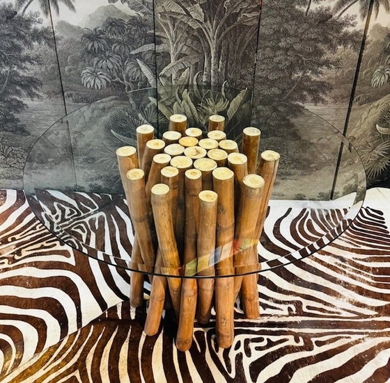 Image 1 of Vintage Bamboe Eettafel Met Facet Geslepen Ronde Glasplaat