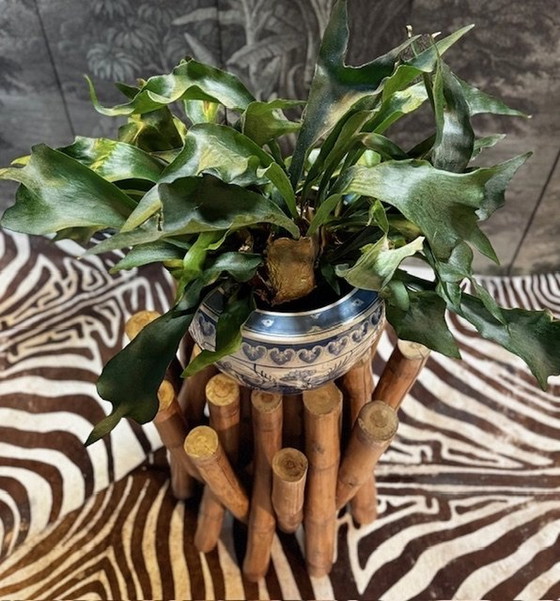 Image 1 of Vintage Bamboe Eettafel Met Facet Geslepen Ronde Glasplaat