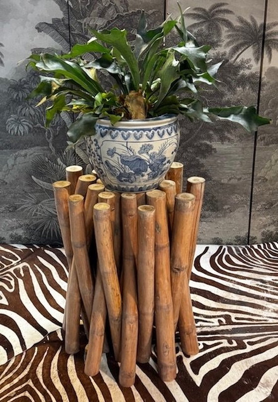 Image 1 of Vintage Bamboe Eettafel Met Facet Geslepen Ronde Glasplaat