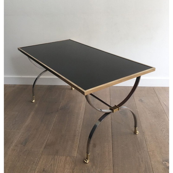 Image 1 of Vintage neoklassieke salontafel, geborsteld staal, Frankrijk 1940