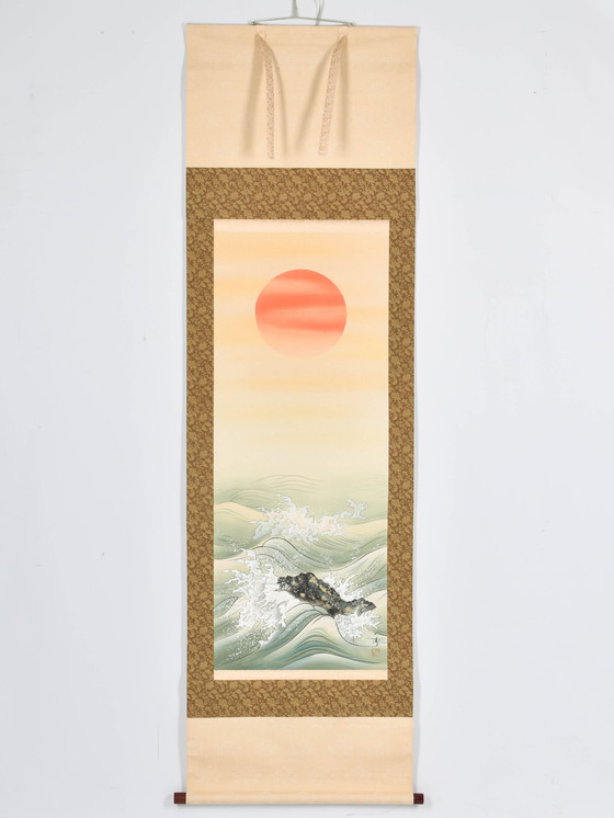 Image 1 of Japanse Scroll - Zonsondergang bij ruwe zee