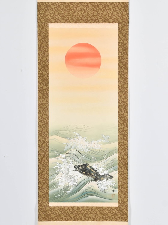 Image 1 of Japanse Scroll - Zonsondergang bij ruwe zee