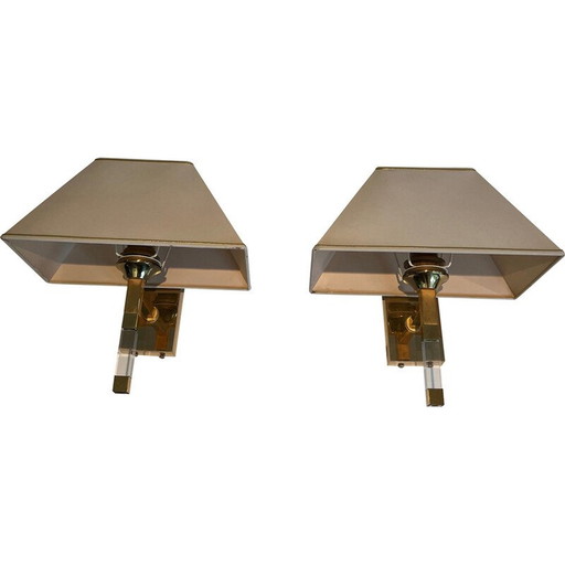 Paar vintage wandlampen van plexiglas en verguld metaal, Frankrijk 1970