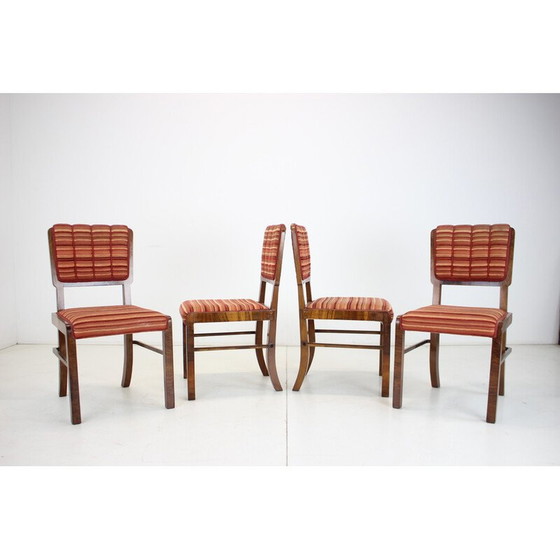 Image 1 of Set van 4 vintage Art Deco eetkamerstoelen van notenhout, fineer en stof, Tsjecho-Slowakije jaren 1930