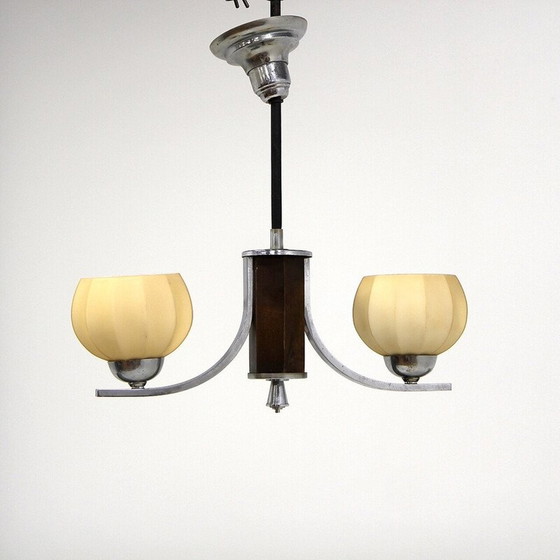 Image 1 of Vintage hanglamp van metaal, hout en glas, Zweden 1960