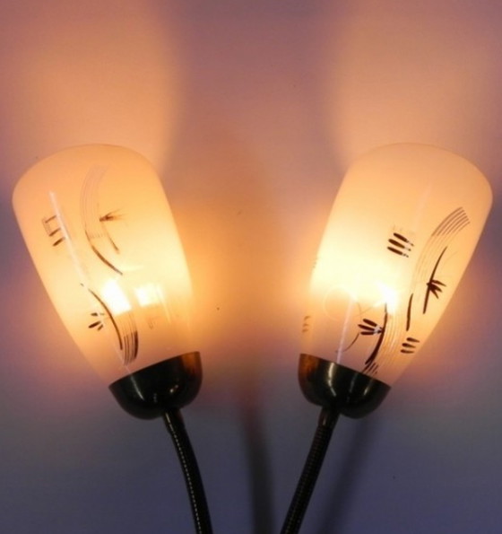 Image 1 of Vintage wandlamp met buisvormige staven en 2 glazen kappen