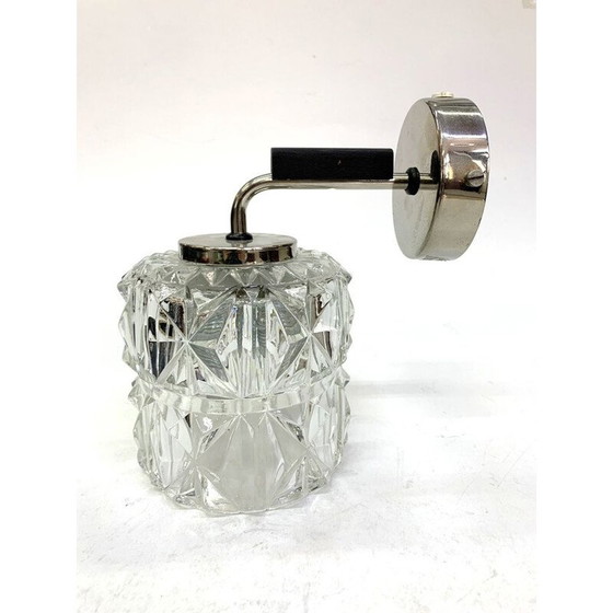 Image 1 of Vintage glazen wandlamp met nikkel en houten accenten, 1970