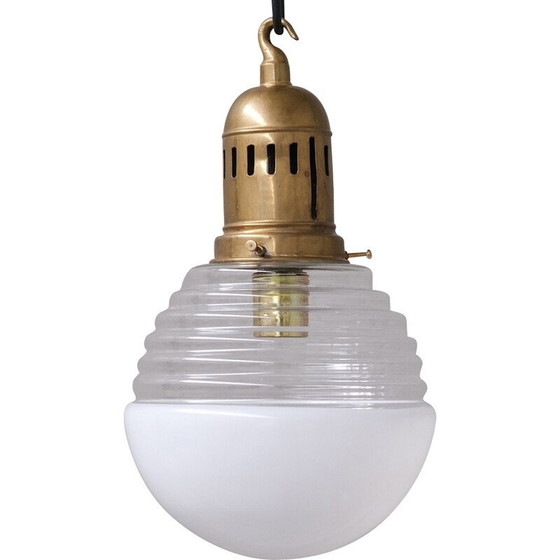 Image 1 of Vintage hanglamp in tweekleurig glas en messing, Frankrijk 1950