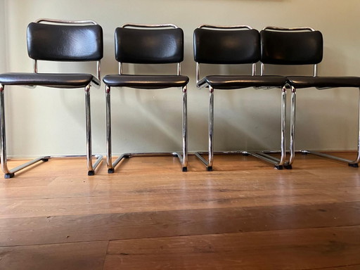 4x Gebr. van der Stroom Dutch Originals model Gispen 101 Stoelen Zwart Leer