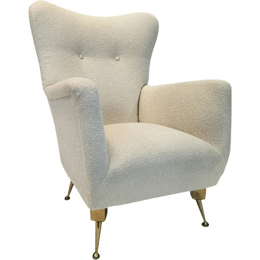 Vintage fauteuil in bouclé stof en messing, jaren 1950