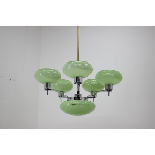 Vintage kroonluchter van chroomstaal en glas, Tsjecho-Slowakije 1930