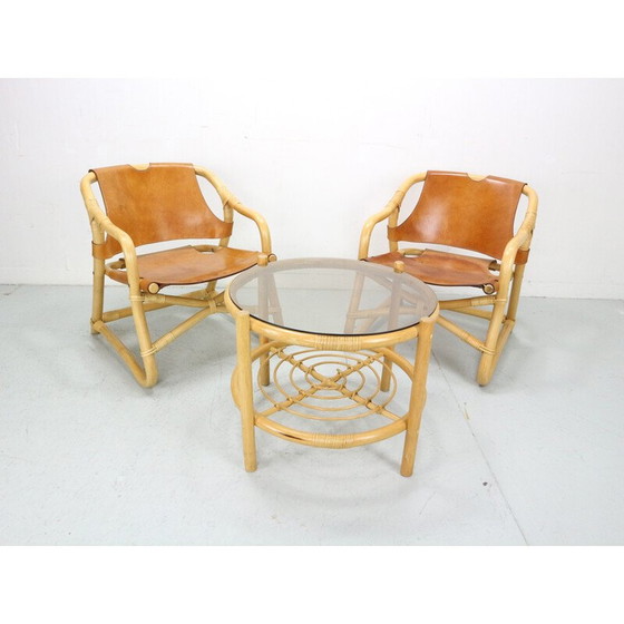 Image 1 of Vintage "Manilla" eetset van bamboe en tuigleer voor Horsnæs Møbelfabrik, Denemarken 1960
