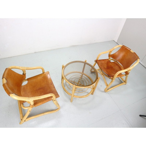 Image 1 of Vintage "Manilla" eetset van bamboe en tuigleer voor Horsnæs Møbelfabrik, Denemarken 1960