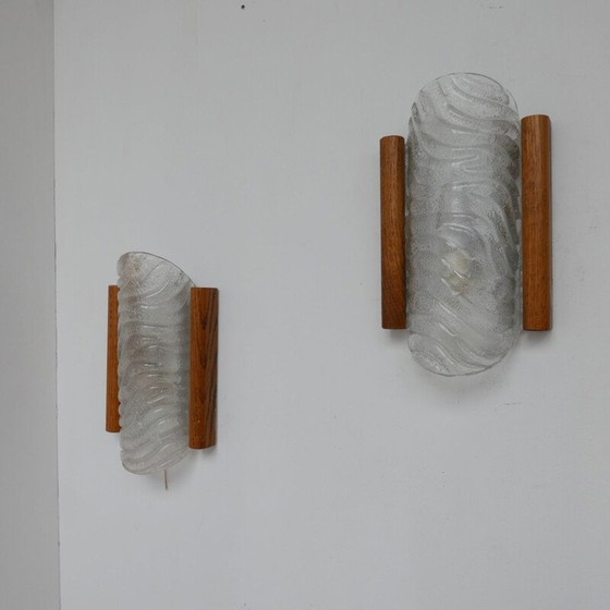 Image 1 of Vintage wandlampen van glas en eiken, België 1960
