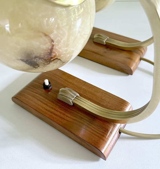 Image 1 of 2X Art Deco Glas Houten Tafellampen