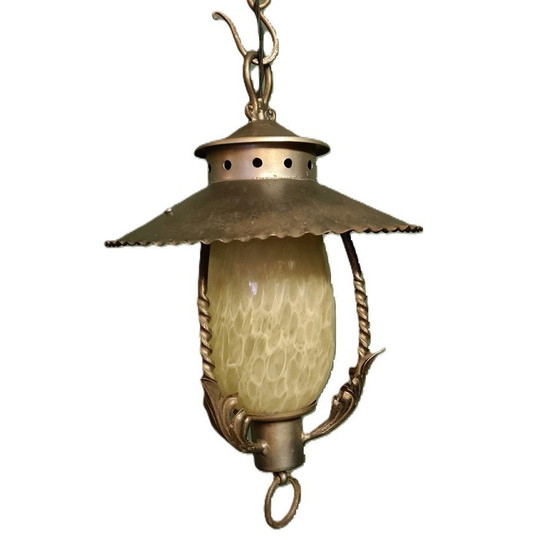 Image 1 of Brutalist Metalen En Glazen Hanglamp, Jaren 50