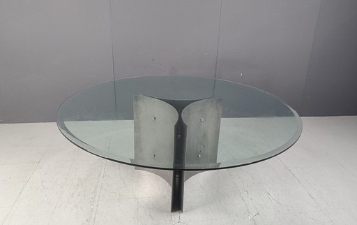 Enorme ronde eettafel met voet in staal en glas, 1970S