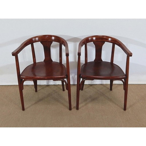 Paar vintage gebogen houten fauteuils van Maison Fischel, 1900