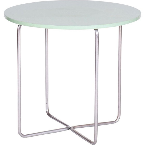Image 1 of Vintage Bauhaus ronde tafel in verchroomd staal en gelakt hout, Tsjecho-Slowakije 1930