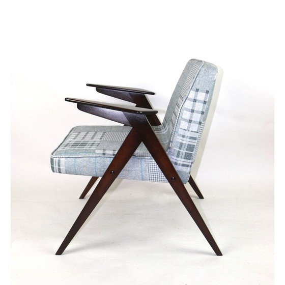 Image 1 of Mid Century grijs-blauw geblokte konijnen fauteuil van Józef Chierowski, 1970