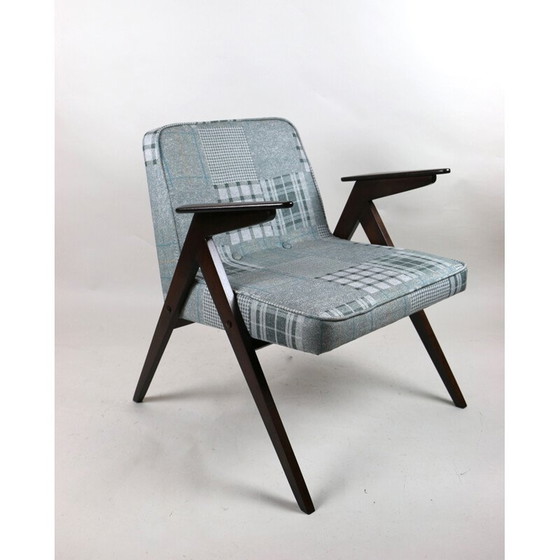 Image 1 of Mid Century grijs-blauw geblokte konijnen fauteuil van Józef Chierowski, 1970