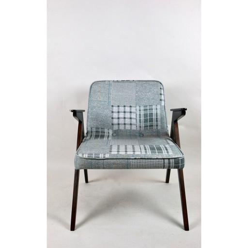 Mid Century grijs-blauw geblokte konijnen fauteuil van Józef Chierowski, 1970