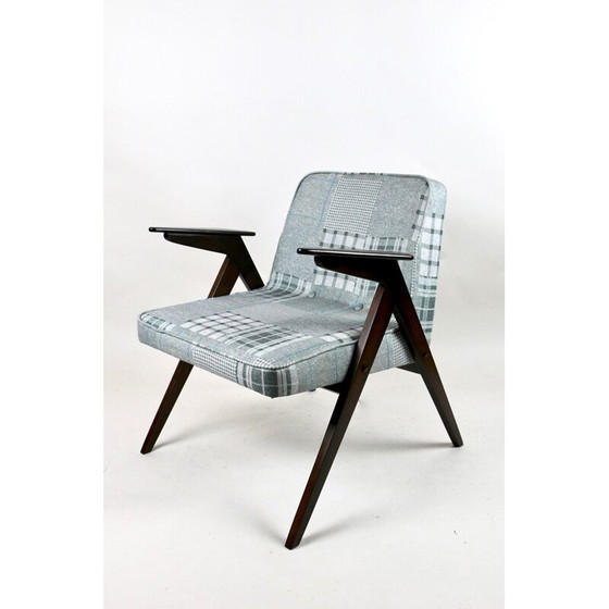 Image 1 of Mid Century grijs-blauw geblokte konijnen fauteuil van Józef Chierowski, 1970