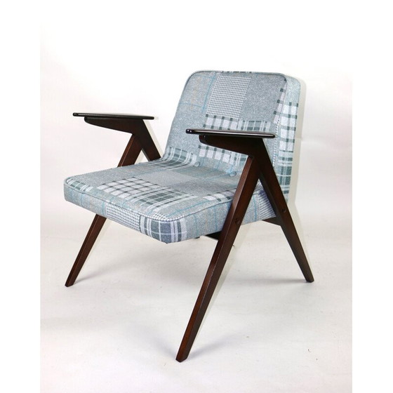 Image 1 of Mid Century grijs-blauw geblokte konijnen fauteuil van Józef Chierowski, 1970