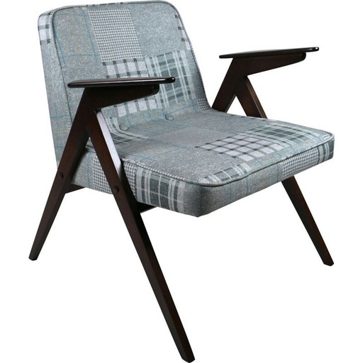 Mid Century grijs-blauw geblokte konijnen fauteuil van Józef Chierowski, 1970