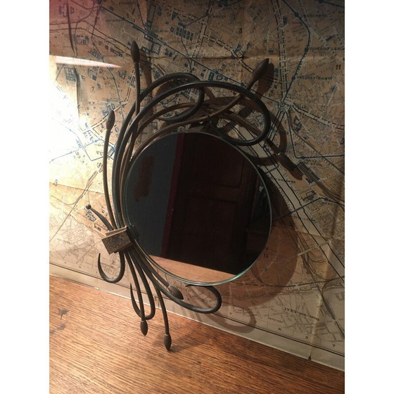 Image 1 of Ronde vintage spiegel omringd door metalen planten