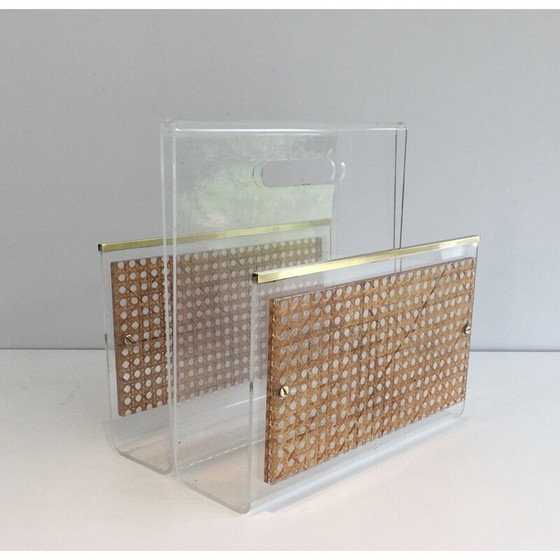 Image 1 of Paar vintage tijdschriftenrekken van plexiglas en messing, Frankrijk 1970
