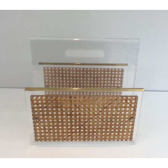 Image 1 of Paar vintage tijdschriftenrekken van plexiglas en messing, Frankrijk 1970