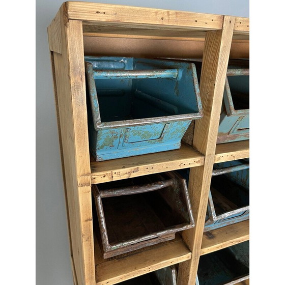 Image 1 of Vintage houten opbergkast met metalen laden
