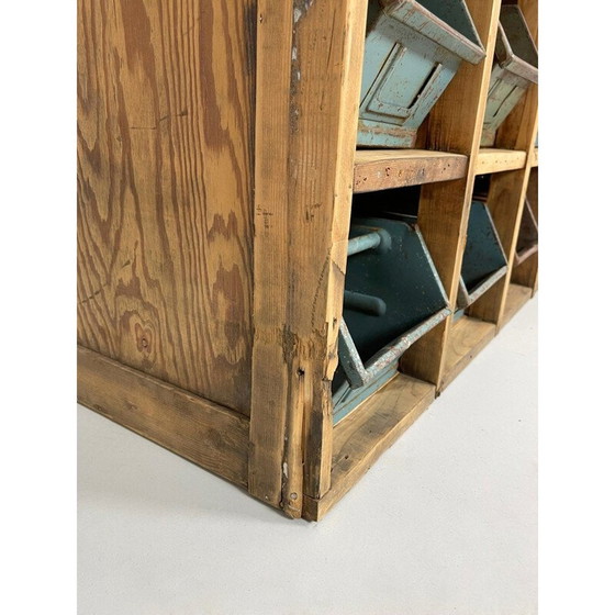 Image 1 of Vintage houten opbergkast met metalen laden