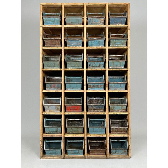 Image 1 of Vintage houten opbergkast met metalen laden