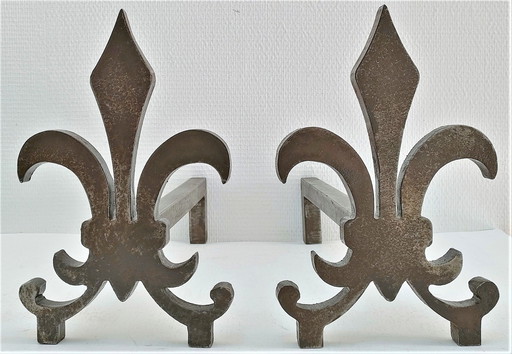 Paar Fleur De Lys Vintage Stalen Andirons