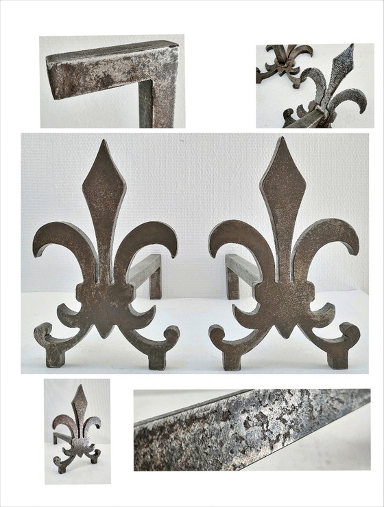Image 1 of Paar Fleur De Lys Vintage Stalen Andirons